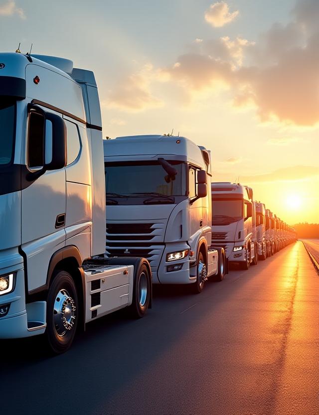 Professional logistics fleet lined up at sunset