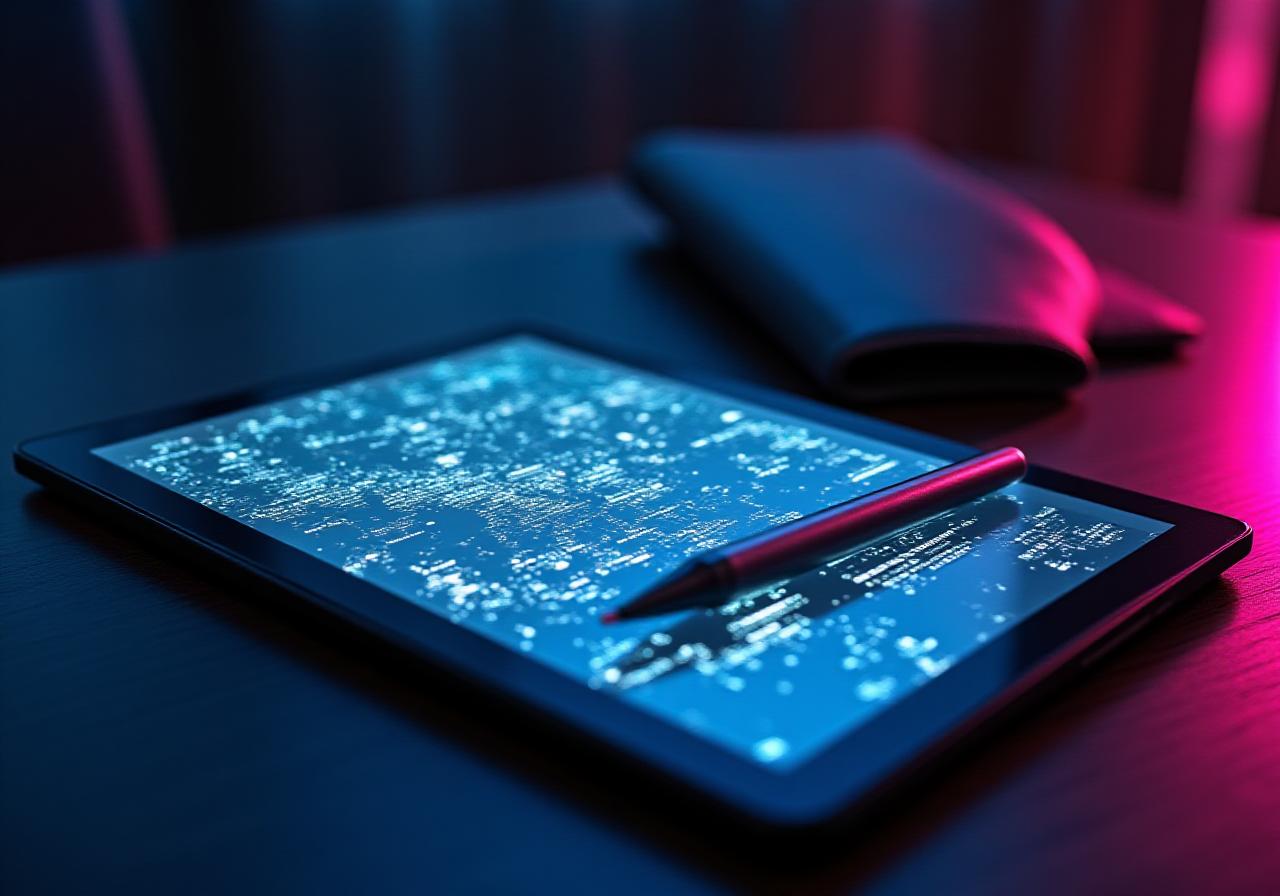 Legal documents and a digital tablet on a dark professional desk