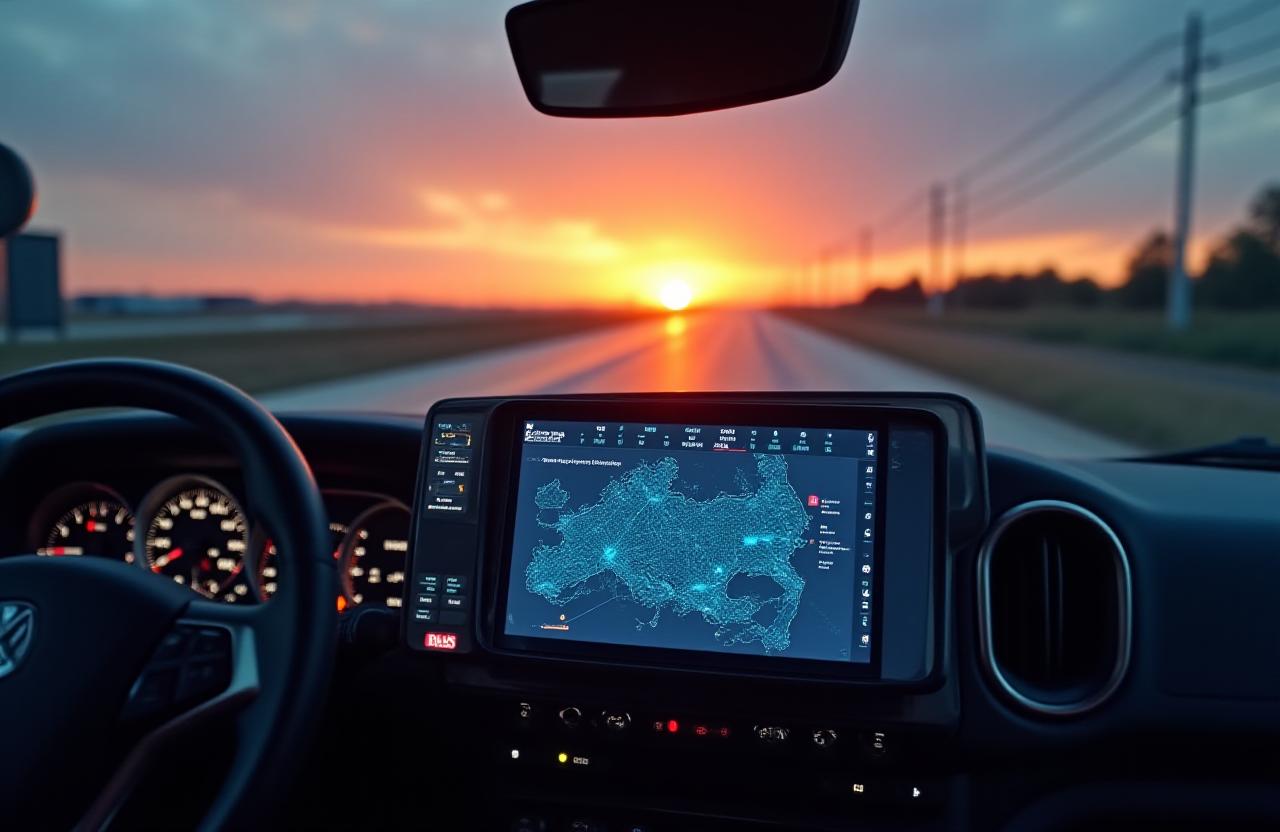 Modern logistics software on a high-end tablet in a truck cabin